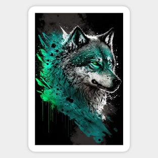 Cool Wolf portrait with green glow Sticker